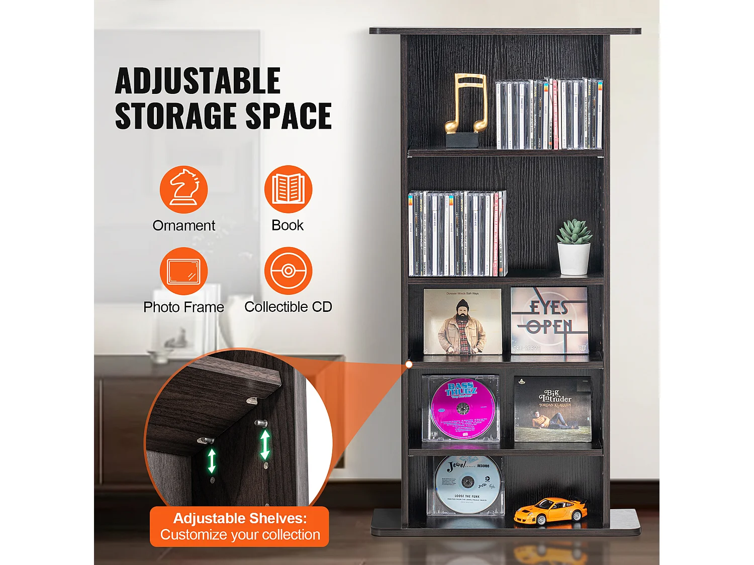 Meuble de Rangement Multimédia Réglable SucceBuy à 5 Niveaux, Pouvant Contenir 240 CD, Expresso