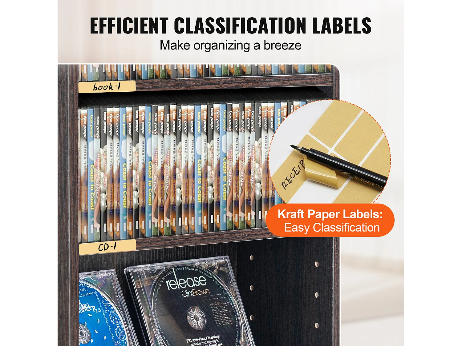 Meuble de Rangement Multimédia Réglable SucceBuy à 5 Niveaux, Pouvant Contenir 240 CD, Expresso