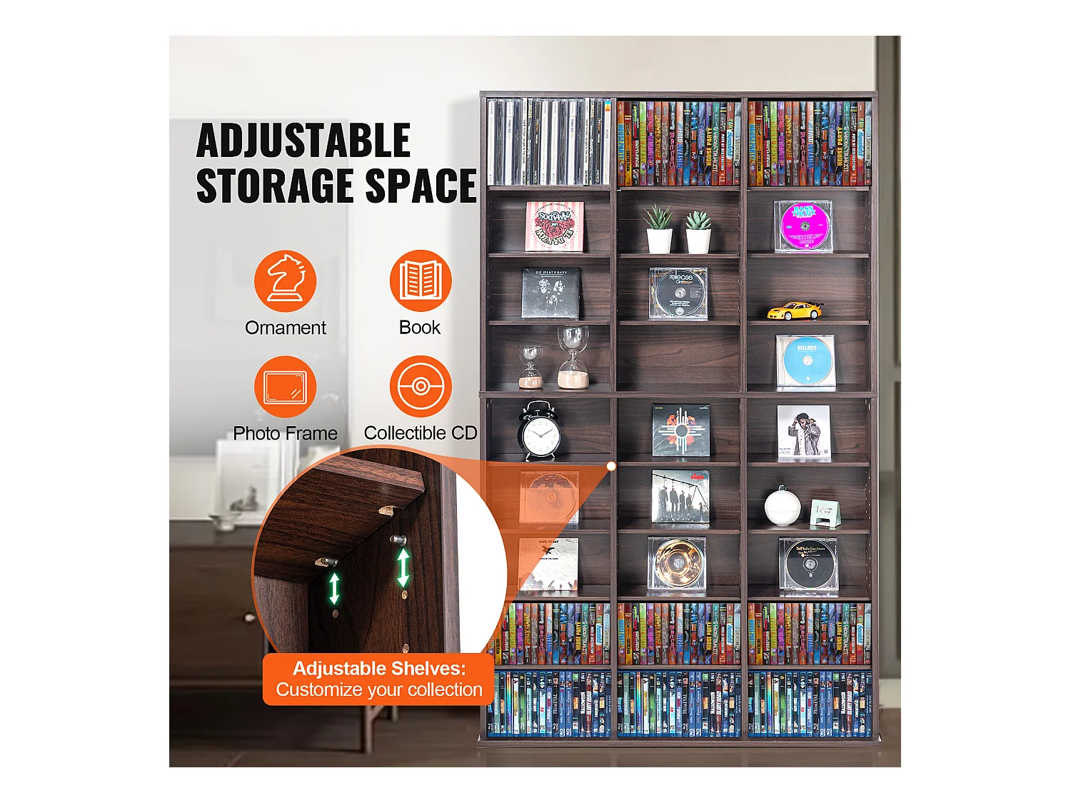 Meuble de Rangement Multimédia SucceBuy à 9 Niveaux, Étagère DVD Réglable pour 756 CD, Expresso