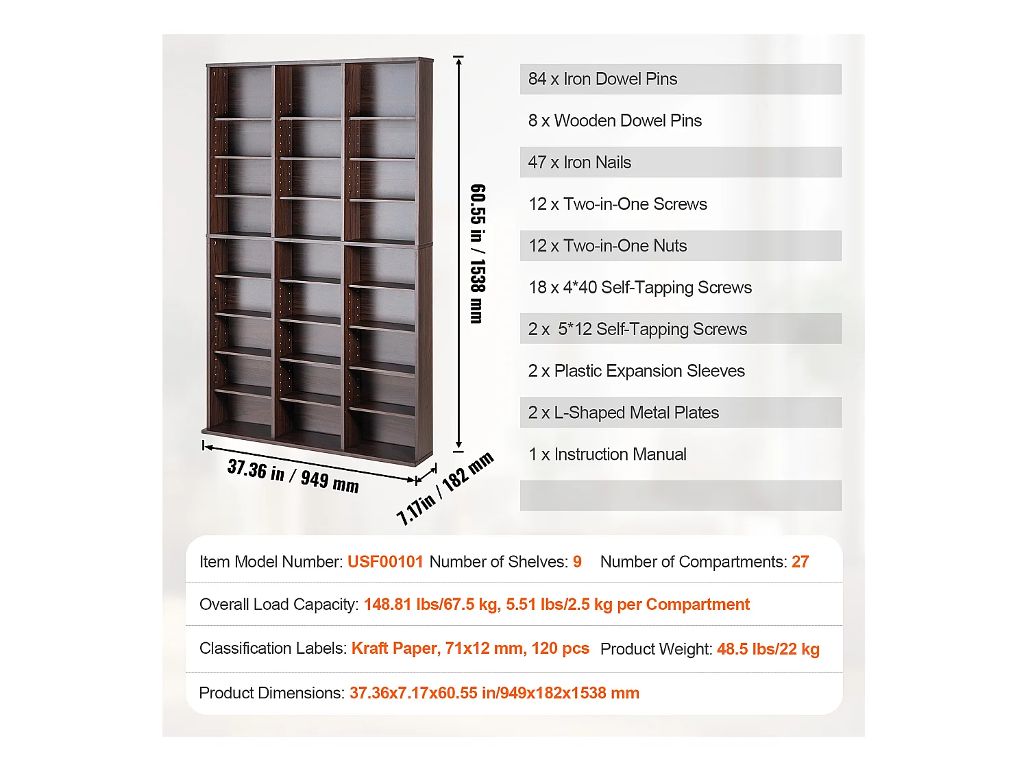 Opslagmeubel Multimedia SucceBuy op 9 Niveaus, Aanpasbare DVD-Rij voor 756 CD, Espresso