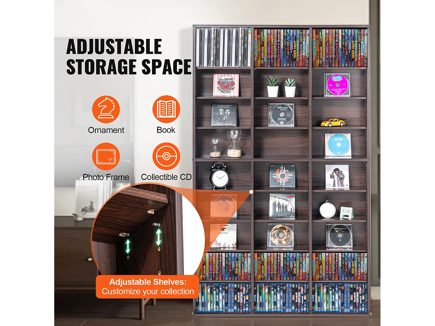 Meuble de Rangement Multimédia SucceBuy à 9 Niveaux, Étagère DVD Réglable pour 756 CD, Expresso