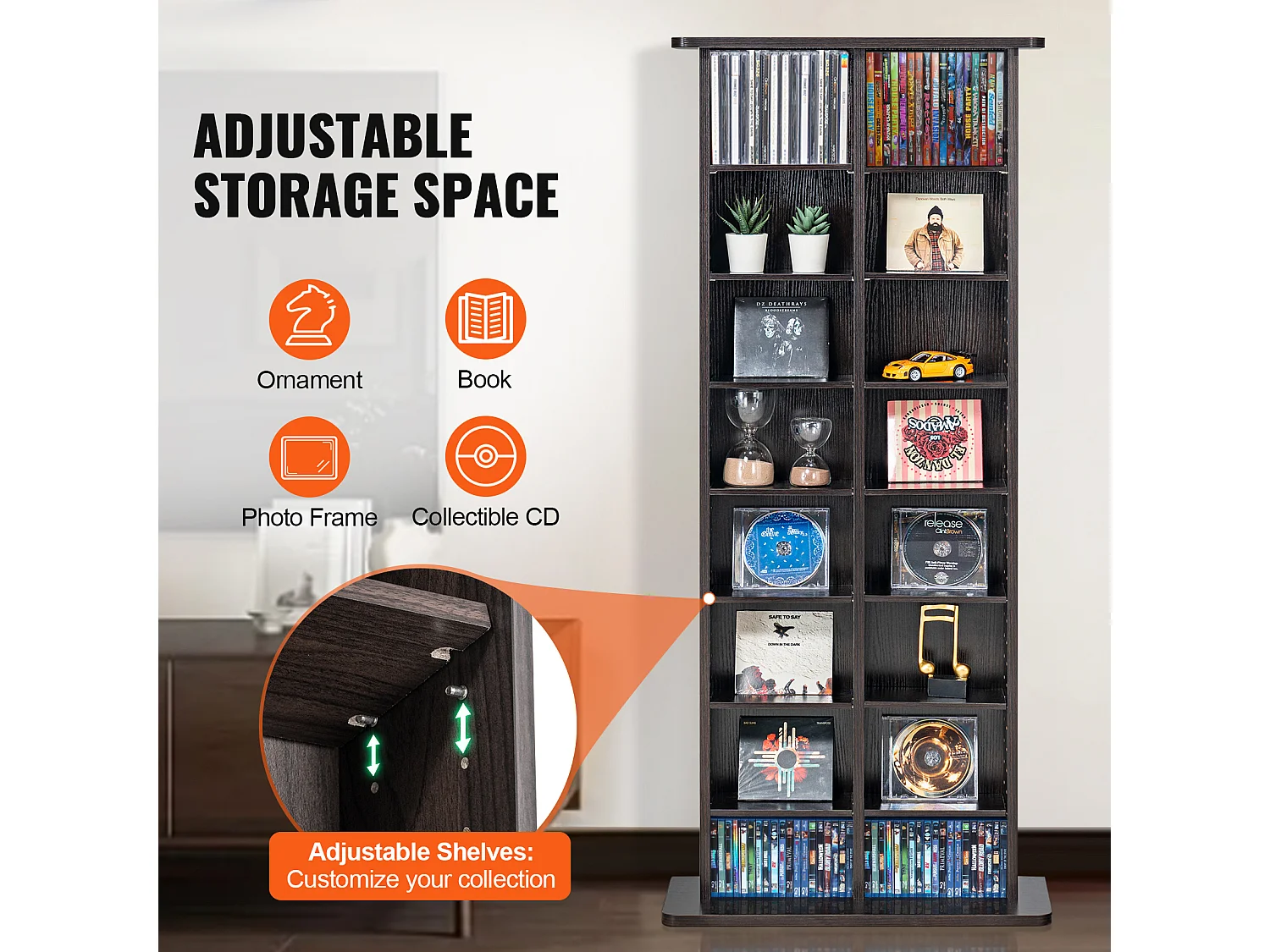 Armoire de Rangement Multimédia SucceBuy à 8 Couches, Étagère DVD Réglable pour 464 CD, Expresso