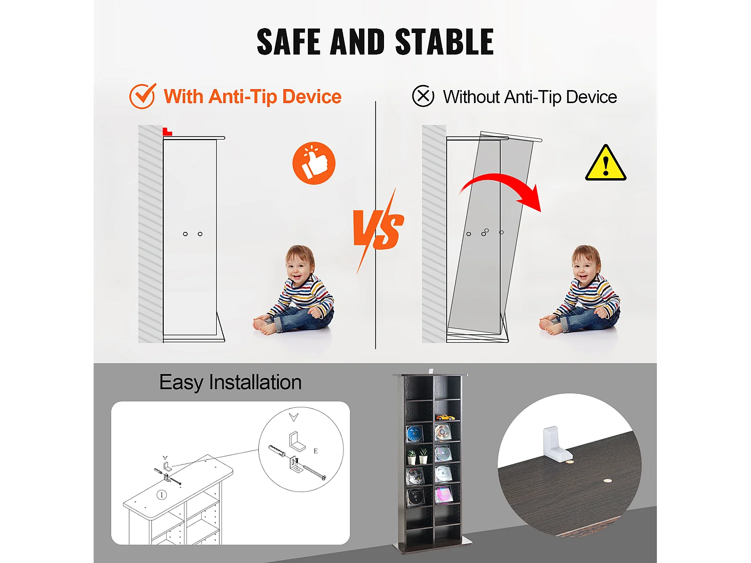 Armoire de Rangement Multimédia SucceBuy à 8 Couches, Étagère DVD Réglable pour 464 CD, Expresso