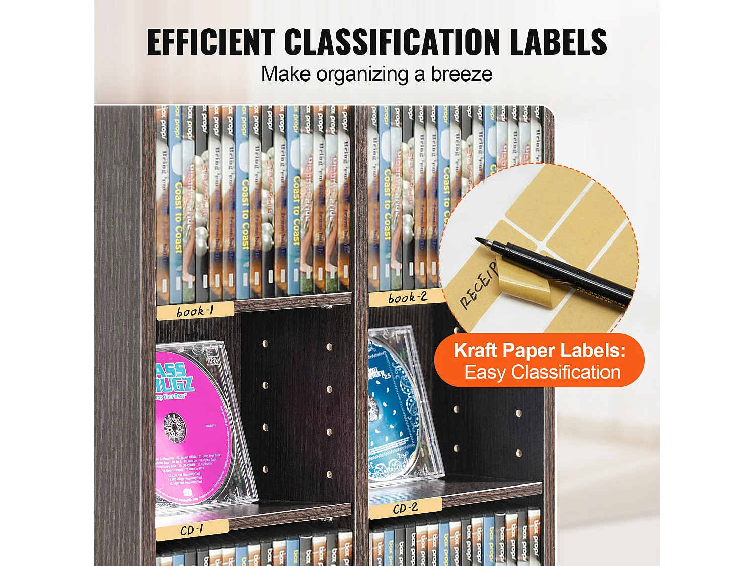 Armoire de Rangement Multimédia SucceBuy à 8 Couches, Étagère DVD Réglable pour 464 CD, Expresso