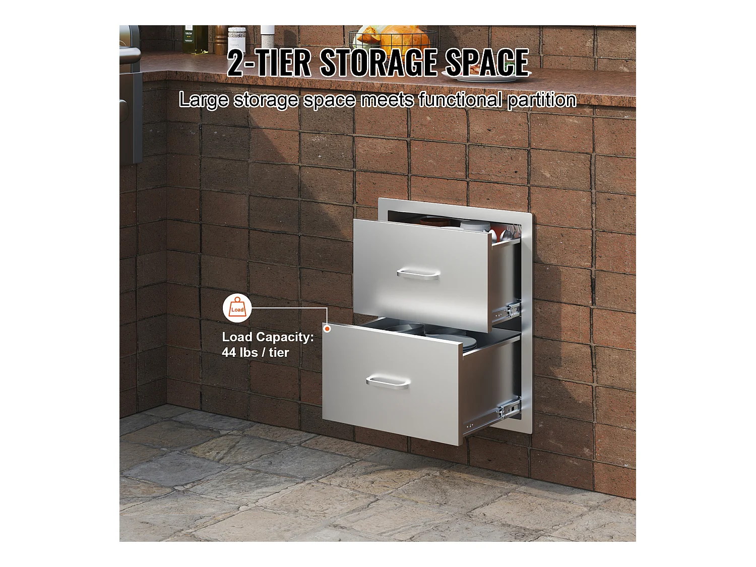 Tiroirs de Rangement SucceBuy Doubles en Acier Inoxydable 45CM x 52CM pour Cuisine/Barbecue Extérieur