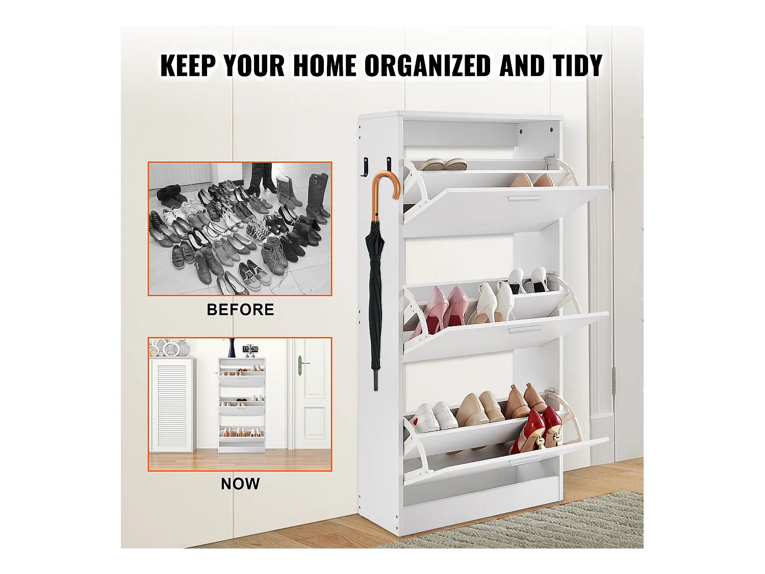 Armadio per Scarpe SucceBuy con 3 Cassetti Pieghevoli, Organizzatore di Archiviazione per Entrata