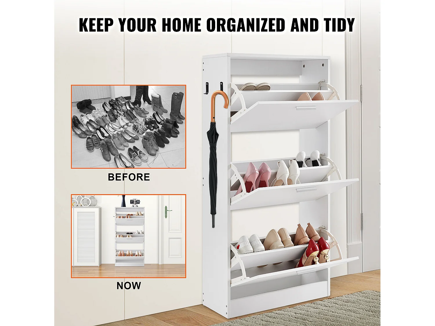 Armoire à Chaussures SucceBuy à 3 Tiroirs Rabattables, Organisateur de Rangement pour Entrée