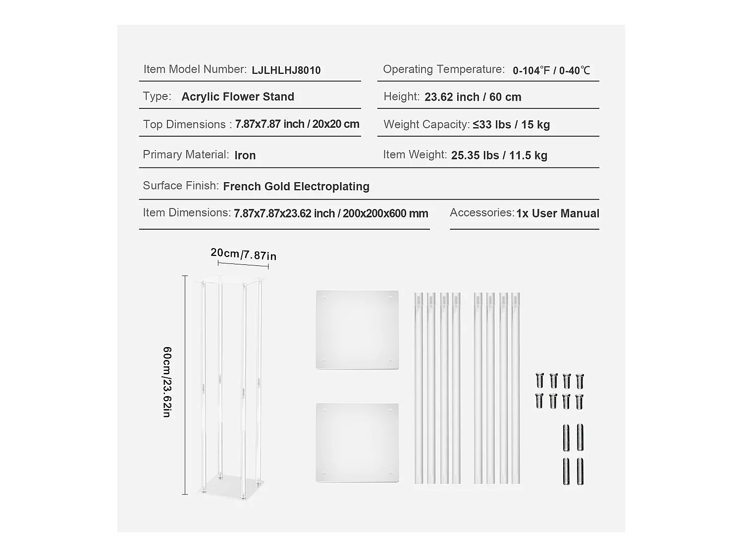Soportes de Flores de Boda SucceBuy, Lote de 10, Acrílico, 60 cm, Decoración Interior