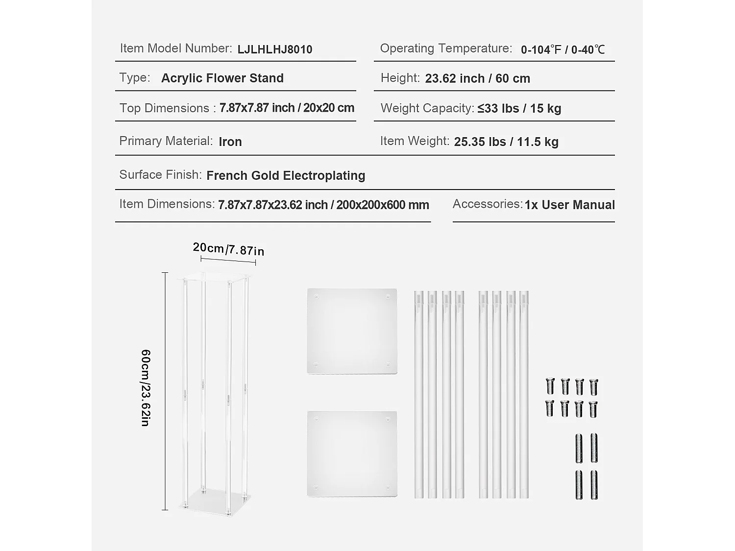 Soportes de Flores de Boda SucceBuy, Lote de 10, Acrílico, 60 cm, Decoración Interior