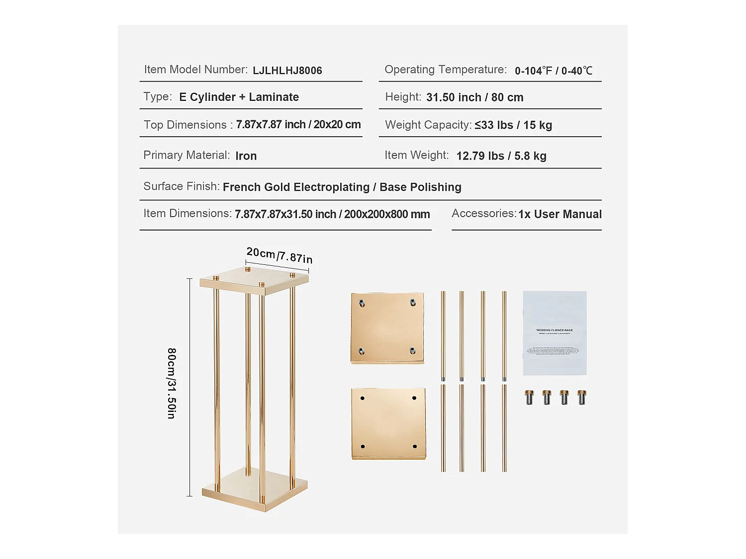 Support de Fleurs de Mariage en Colonne SucceBuy, 4 Pièces, Présentoir Cylindrique en Métal, 80 cm, Décoration de Mariage