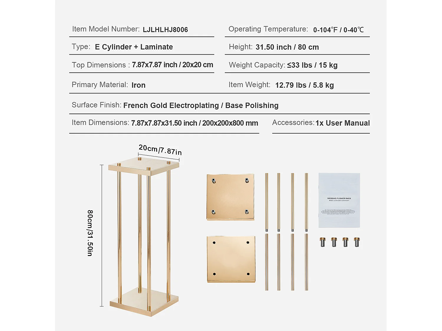 Support de Fleurs de Mariage en Colonne SucceBuy, 4 Pièces, Présentoir Cylindrique en Métal, 80 cm, Décoration de Mariage
