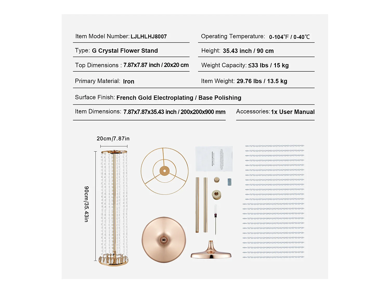 Support de Fleurs de Mariage en Cristal SucceBuy, 10 Pièces, 90 cm, Centres de Table Luxueux