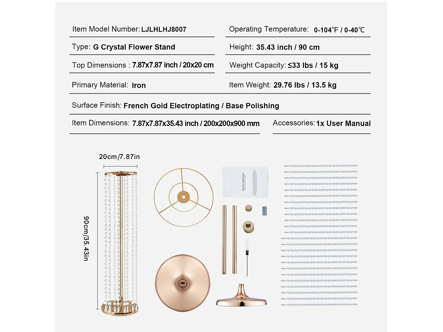 Support de Fleurs de Mariage en Cristal SucceBuy, 10 Pièces, 90 cm, Centres de Table Luxueux