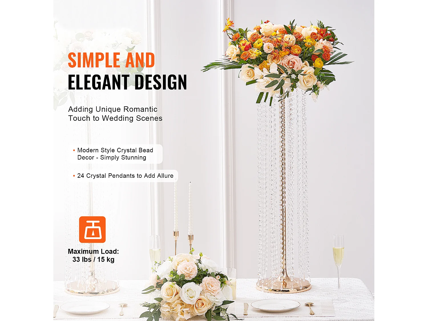 Support de Fleurs de Mariage en Cristal SucceBuy, 10 Pièces, 90 cm, Centres de Table Luxueux