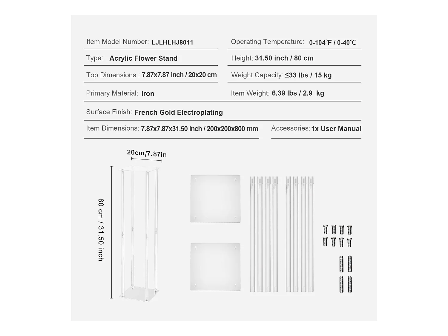 Support de Fleurs de Mariage en Acrylique SucceBuy, Lot de 2, 80 cm, Décoration de Mariage