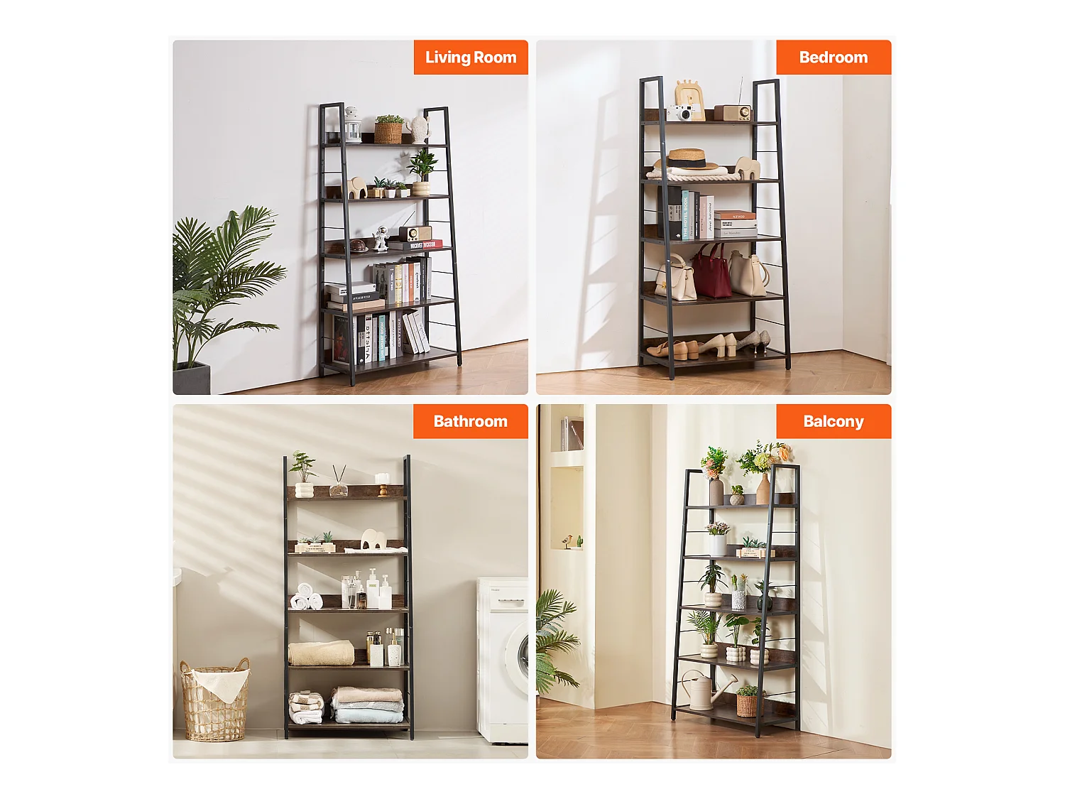 Bibliothèque Rustique en Métal SucceBuy à 5 Niveaux pour Salon, Chambre à Coucher et Bureau