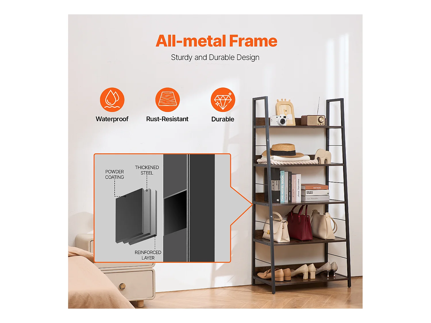 Bibliothèque Rustique en Métal SucceBuy à 5 Niveaux pour Salon, Chambre à Coucher et Bureau