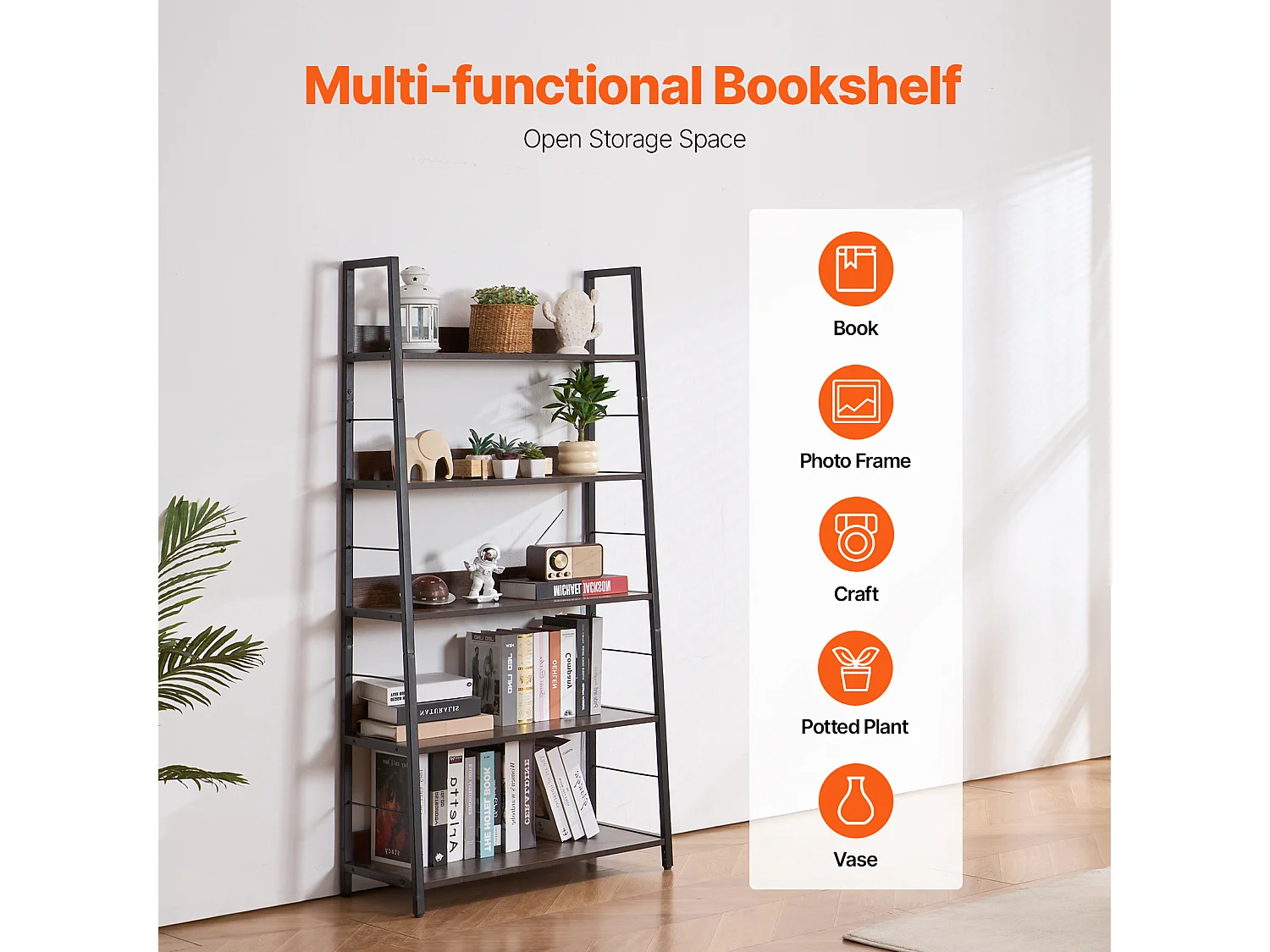 Bibliothèque Rustique en Métal SucceBuy à 5 Niveaux pour Salon, Chambre à Coucher et Bureau