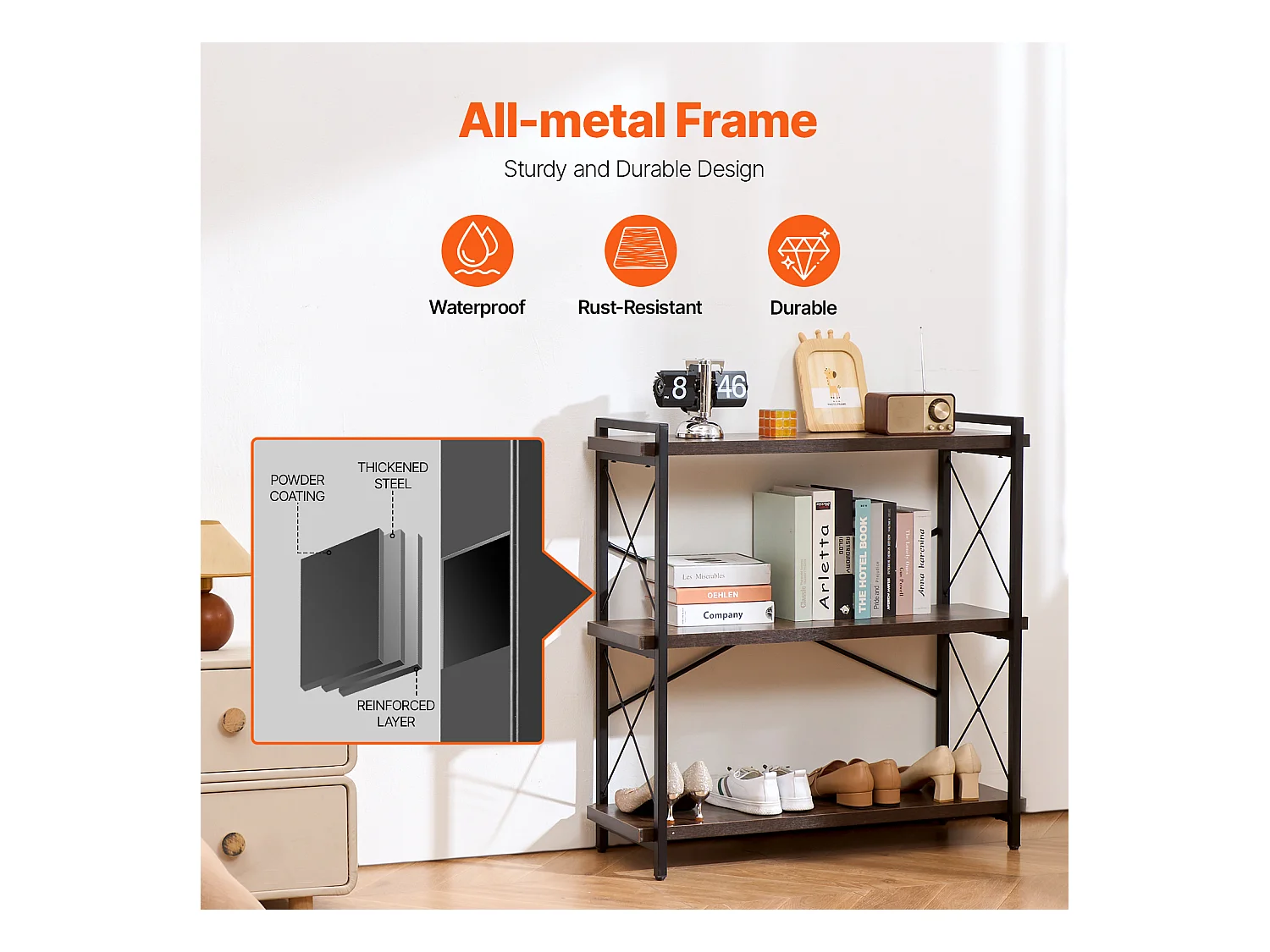 Bibliothèque en Métal SucceBuy, 3 Niveaux Rustique pour Salon et Bureau