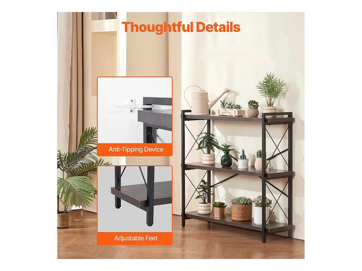 Bibliothèque en Métal SucceBuy, 3 Niveaux Rustique pour Salon et Bureau