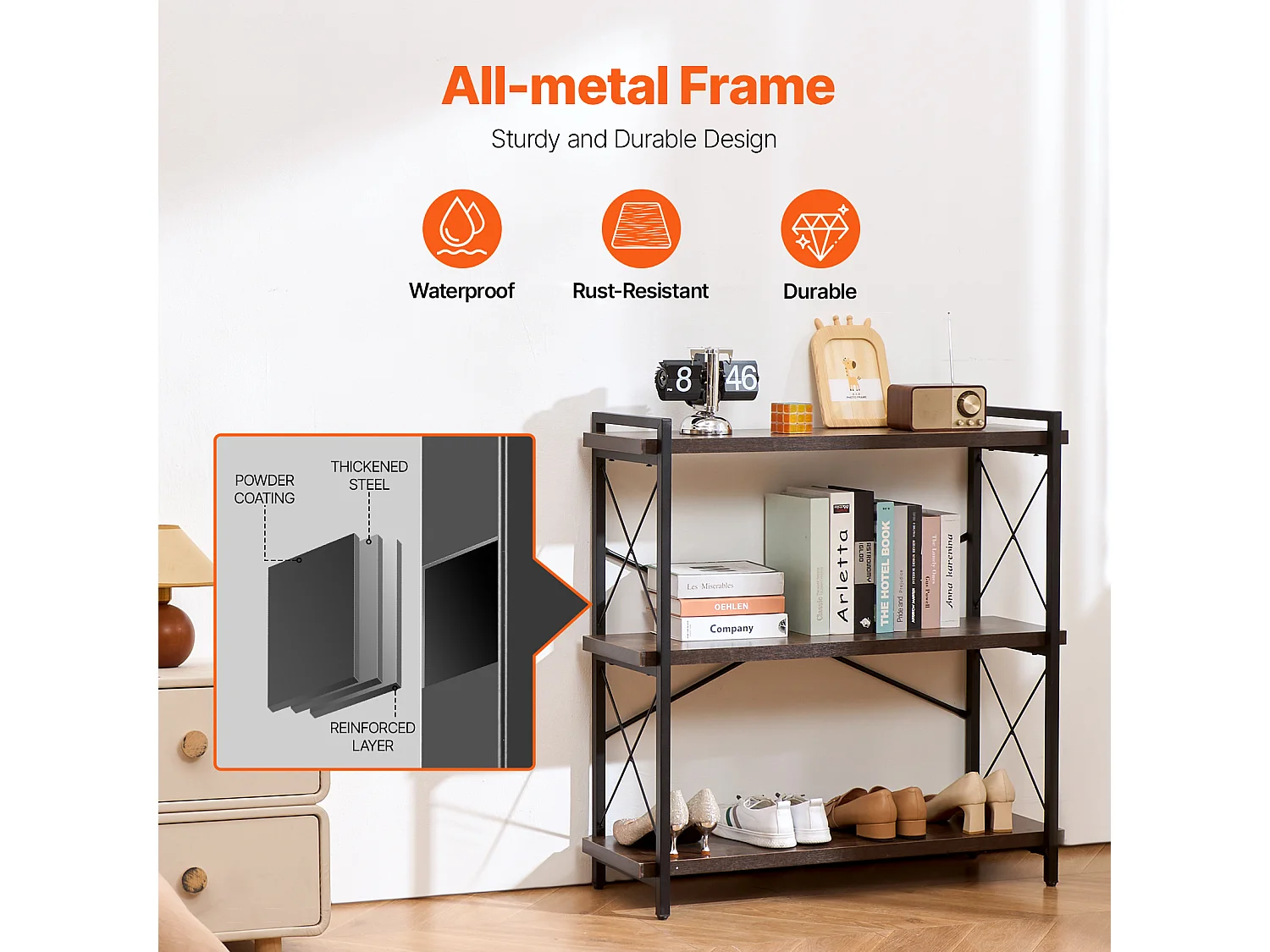 Libreria in Metallo SucceBuy, 3 Ripiani Rustici per Soggiorno e Ufficio