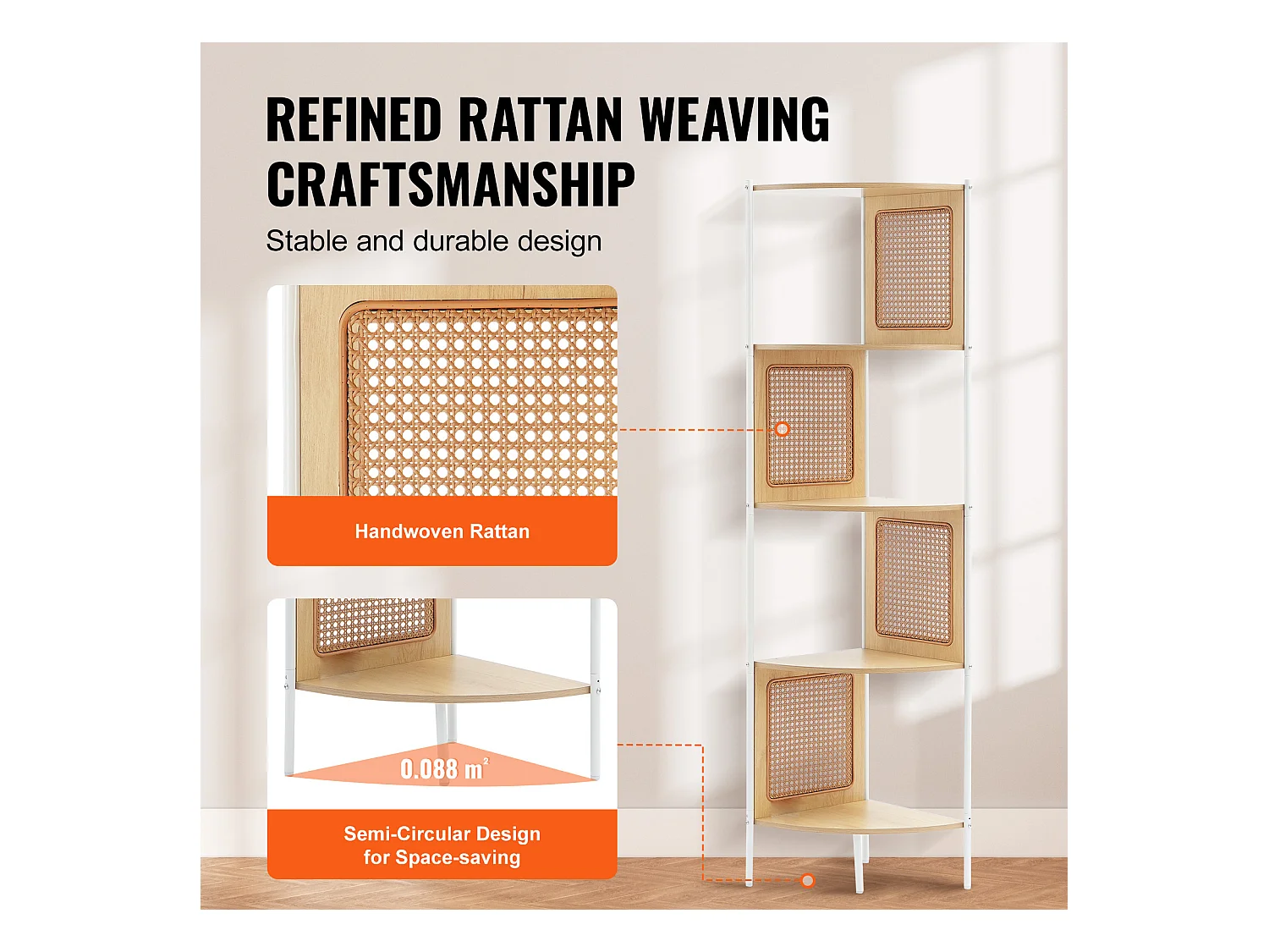 Bibliothèque d'Angle en Rotin SucceBuy à 5 Niveaux, Étagère Murale Étroit