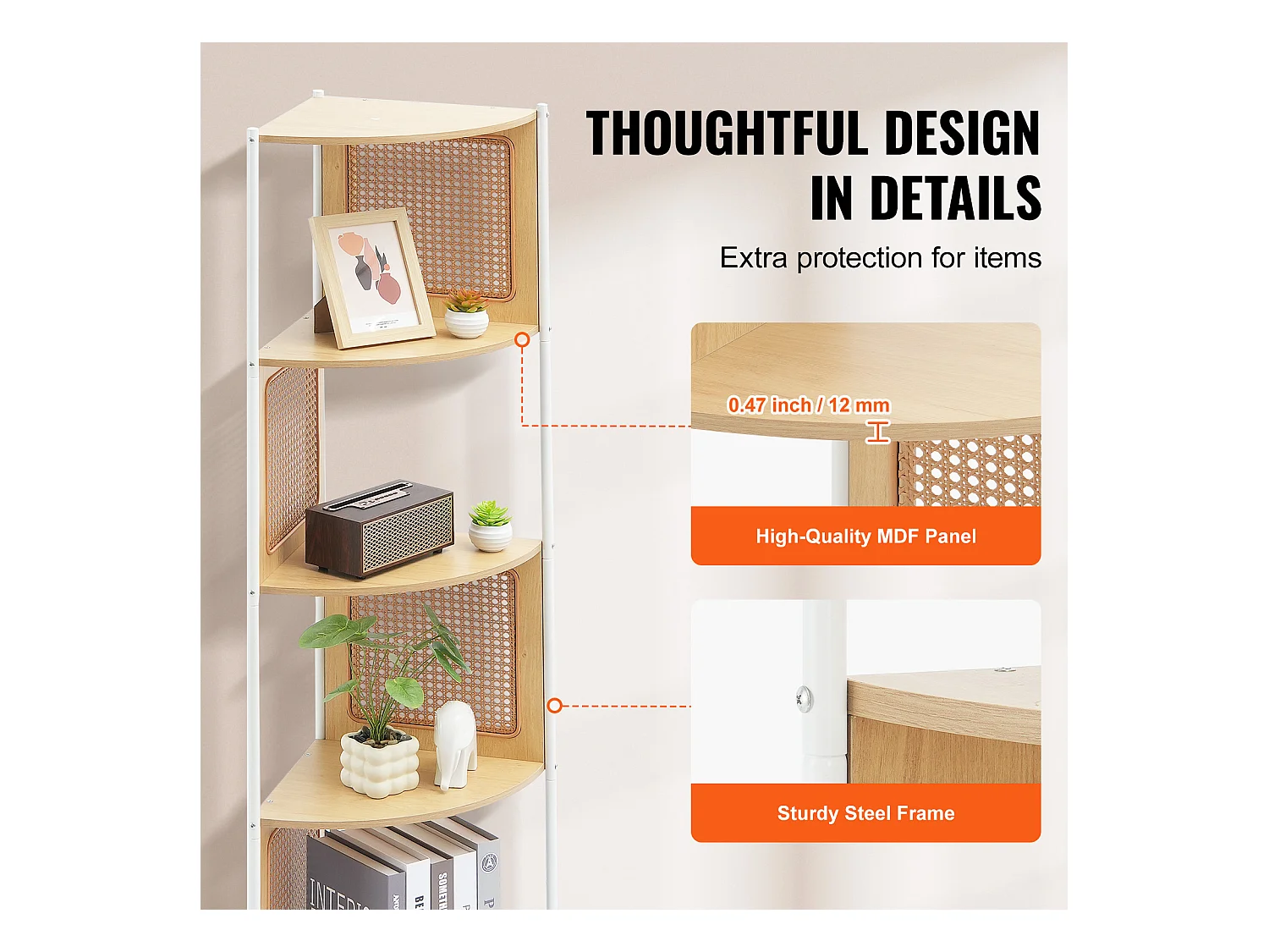 Bibliothèque d'Angle en Rotin SucceBuy à 5 Niveaux, Étagère Murale Étroit