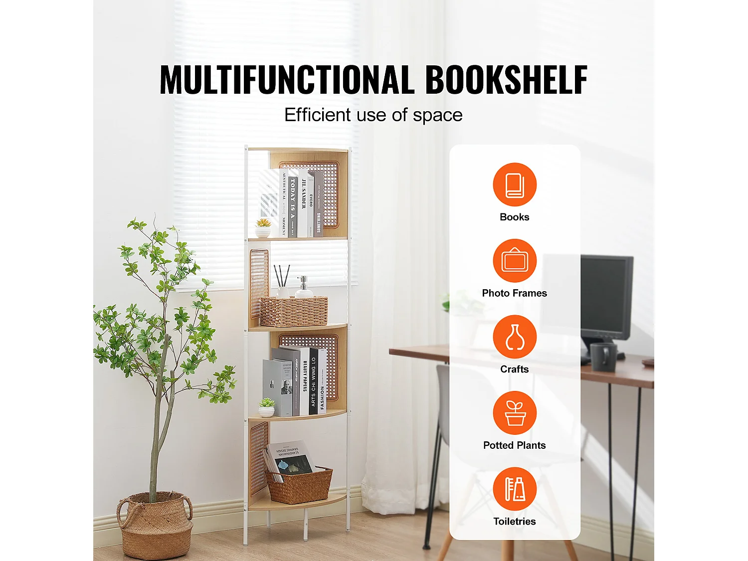 Rieten Hoekboekenkast SucceBuy Met 5 Niveaus, Smal Wandrek