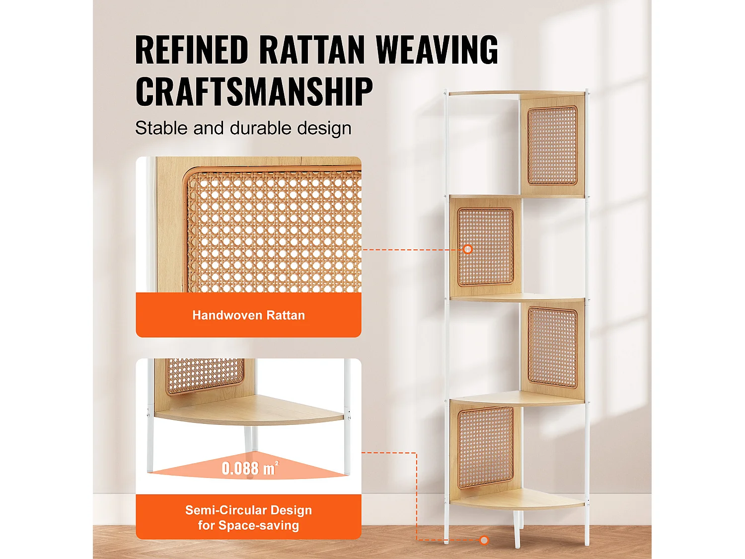 Rieten Hoekboekenkast SucceBuy Met 5 Niveaus, Smal Wandrek