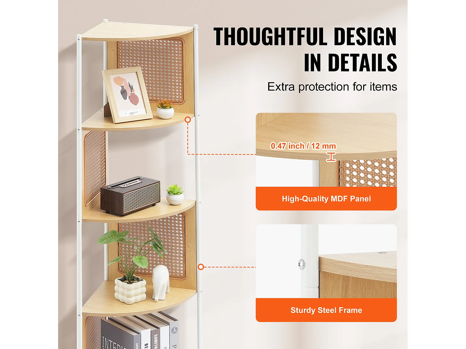 Rieten Hoekboekenkast SucceBuy Met 5 Niveaus, Smal Wandrek