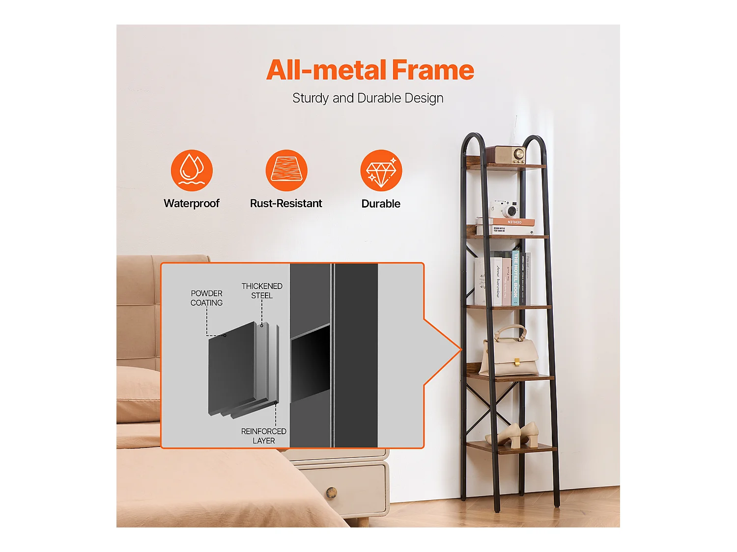 Bibliothèque en Métal SucceBuy, Rustique à 5 Niveaux, Idéale pour les Espaces de Vie