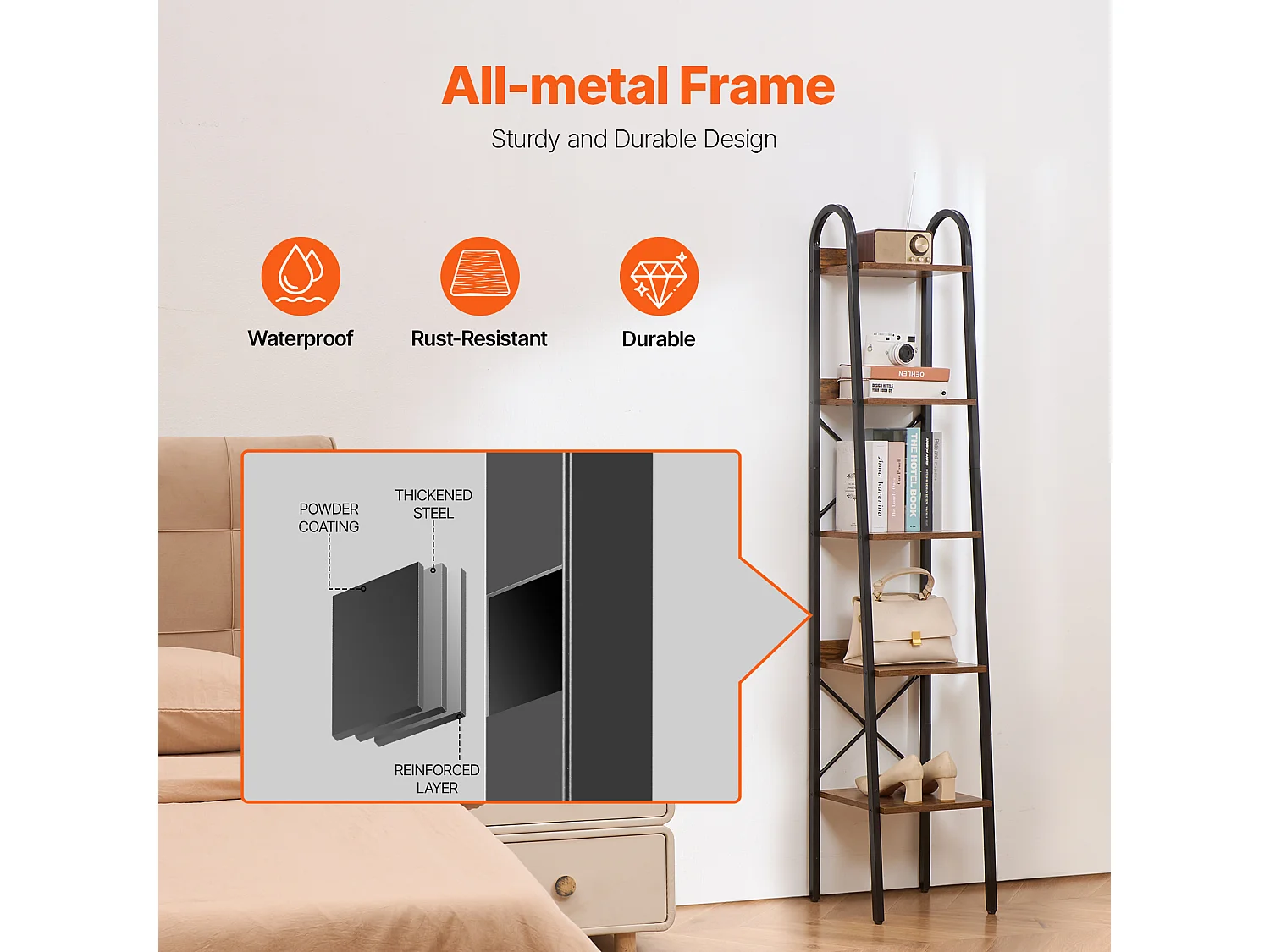 Libreria in Metallo SucceBuy, Stile Rustico, a 5 Ripiani, Perfetta per gli Spazi Abitativi