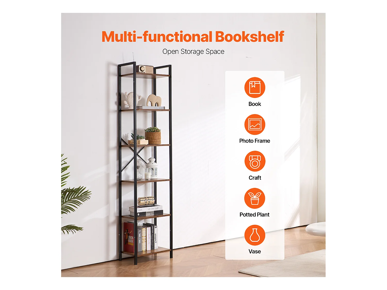 Bibliothèque en Métal SucceBuy, Rustique à 6 Niveaux, Idéale pour la Chambre et le Salon