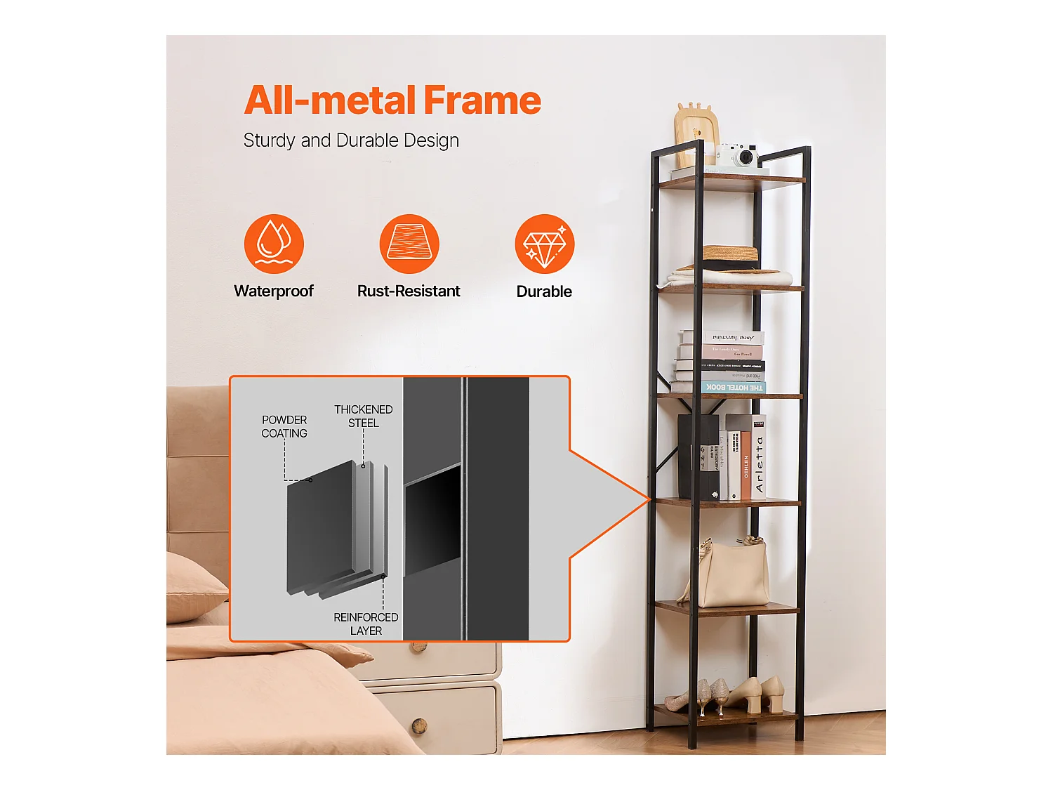 Bibliothèque en Métal SucceBuy, Rustique à 6 Niveaux, Idéale pour la Chambre et le Salon