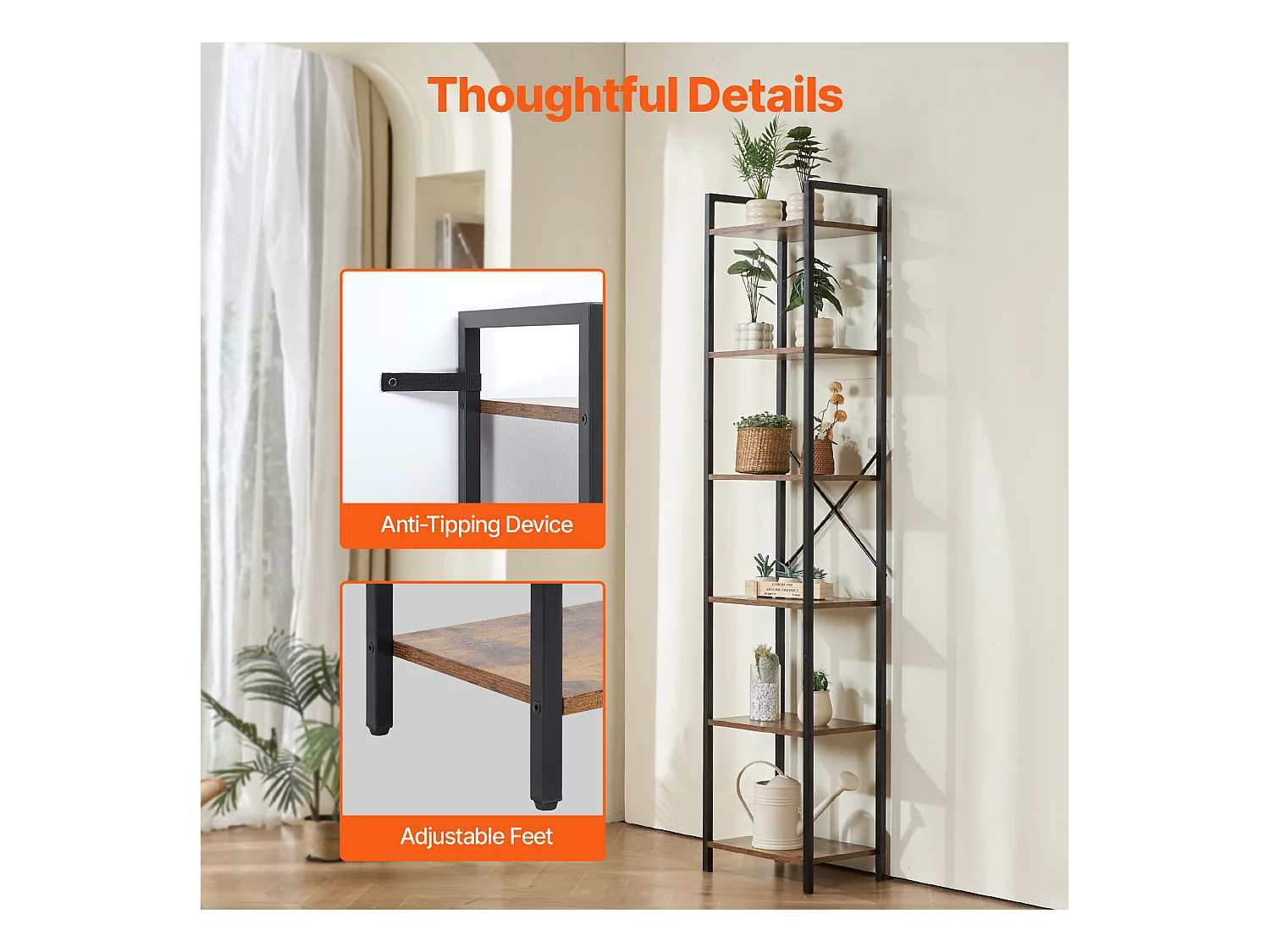 Bibliothèque en Métal SucceBuy, Rustique à 6 Niveaux, Idéale pour la Chambre et le Salon