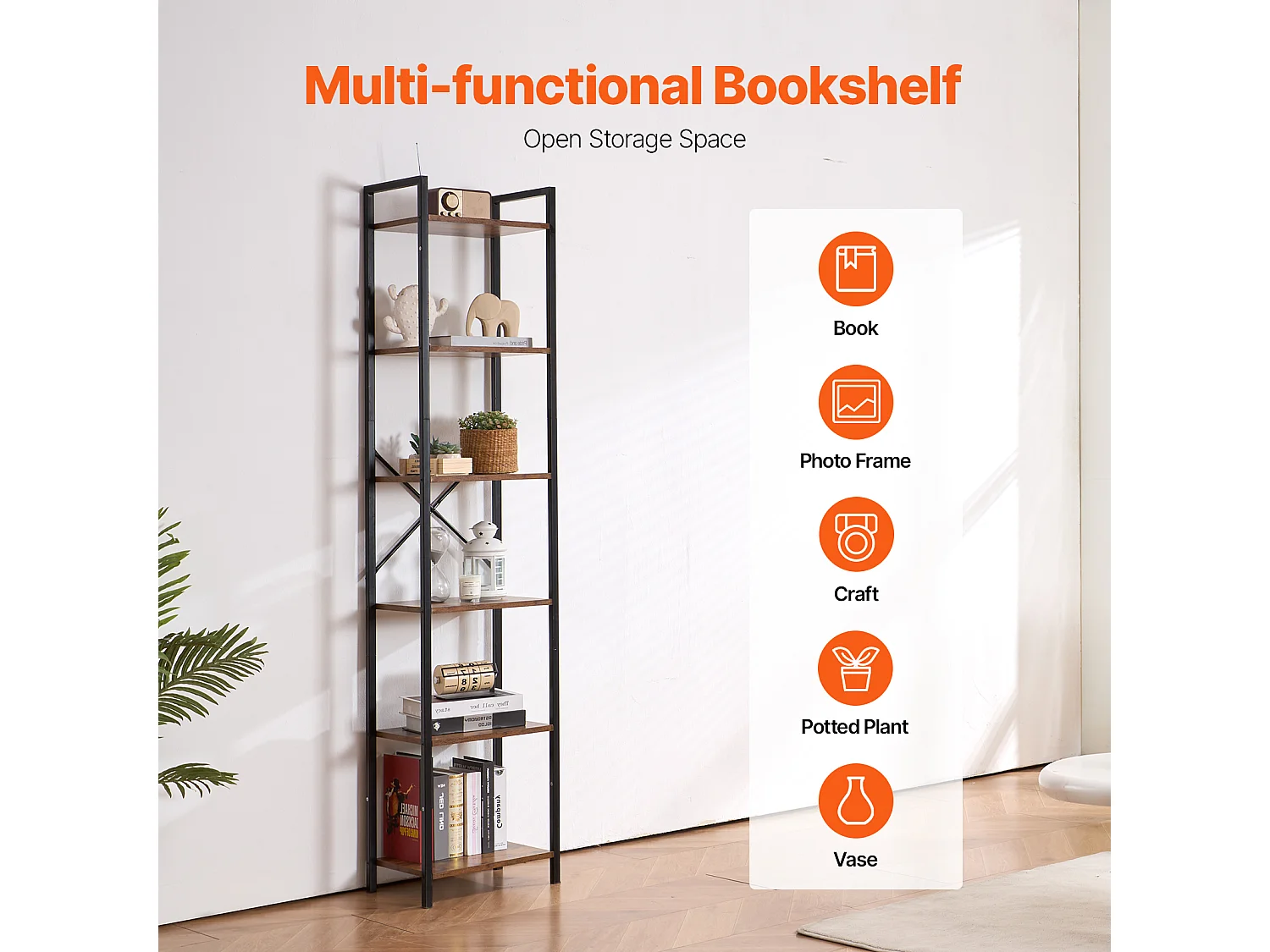 Bibliothèque en Métal SucceBuy, Rustique à 6 Niveaux, Idéale pour la Chambre et le Salon