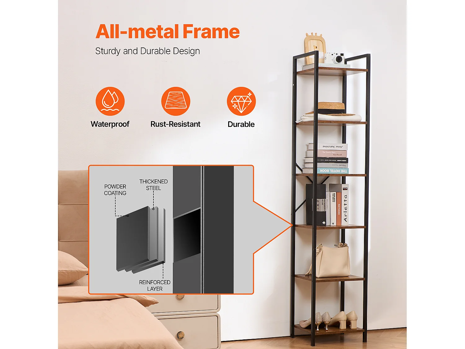 Bibliothèque en Métal SucceBuy, Rustique à 6 Niveaux, Idéale pour la Chambre et le Salon