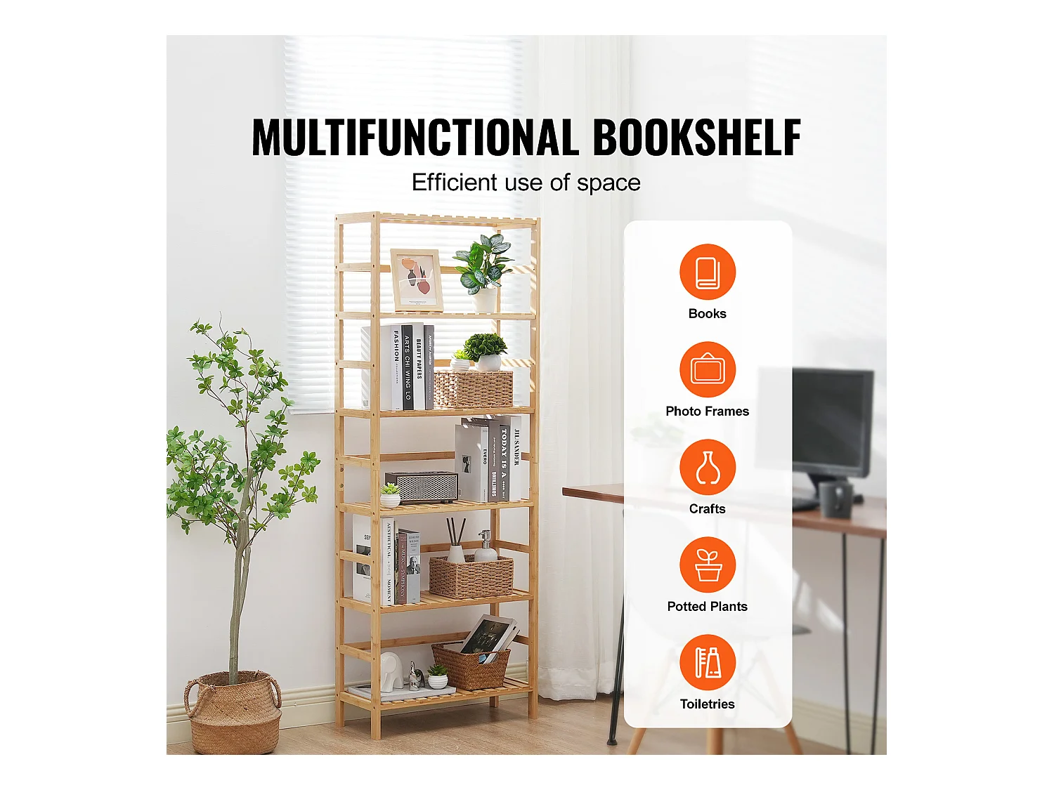 Bibliothèque en Bambou à 6 Niveaux SucceBuy, Bibliothèque à Échelle, Étagère de Rangement Rectangulaire