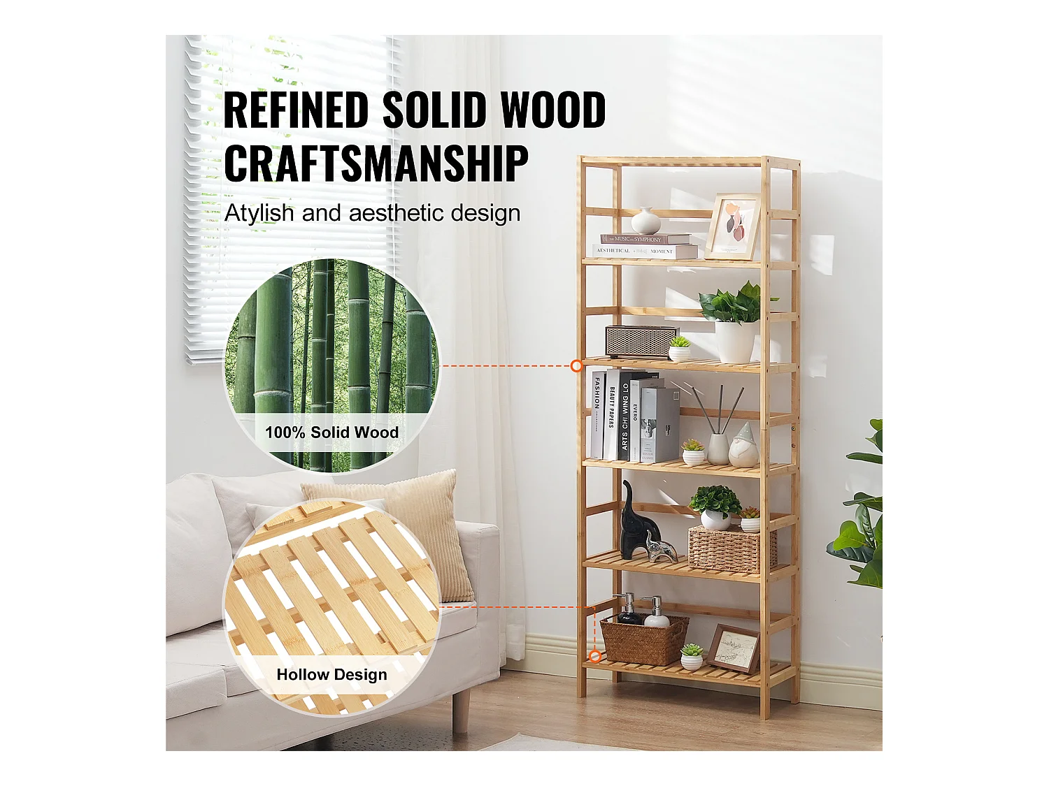 Bibliothèque en Bambou à 6 Niveaux SucceBuy, Bibliothèque à Échelle, Étagère de Rangement Rectangulaire