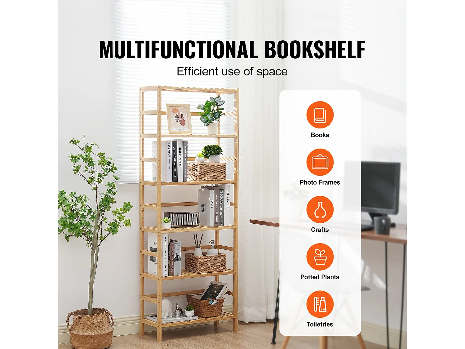 Libreria In Bambù A 6 Livelli SucceBuy, Libreria A Scala, Scaffale Rettangolare Portaoggetti