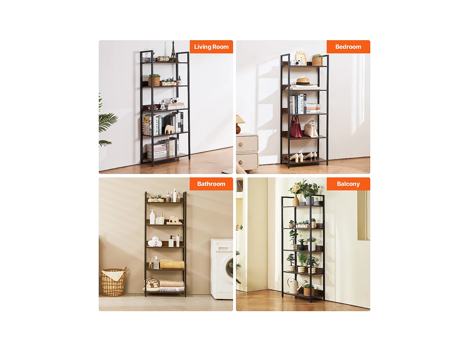 Bücherregal aus Metall SucceBuy, Offenes Bücherregal mit 5 Ebenen für Wohnzimmer, Schlafzimmer und Büro