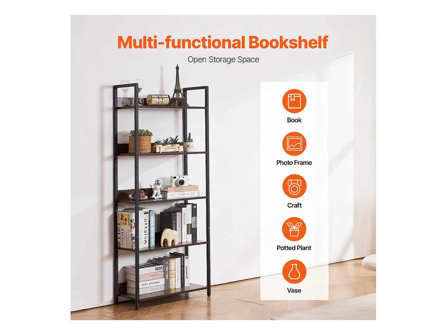 Bücherregal aus Metall SucceBuy, Offenes Bücherregal mit 5 Ebenen für Wohnzimmer, Schlafzimmer und Büro