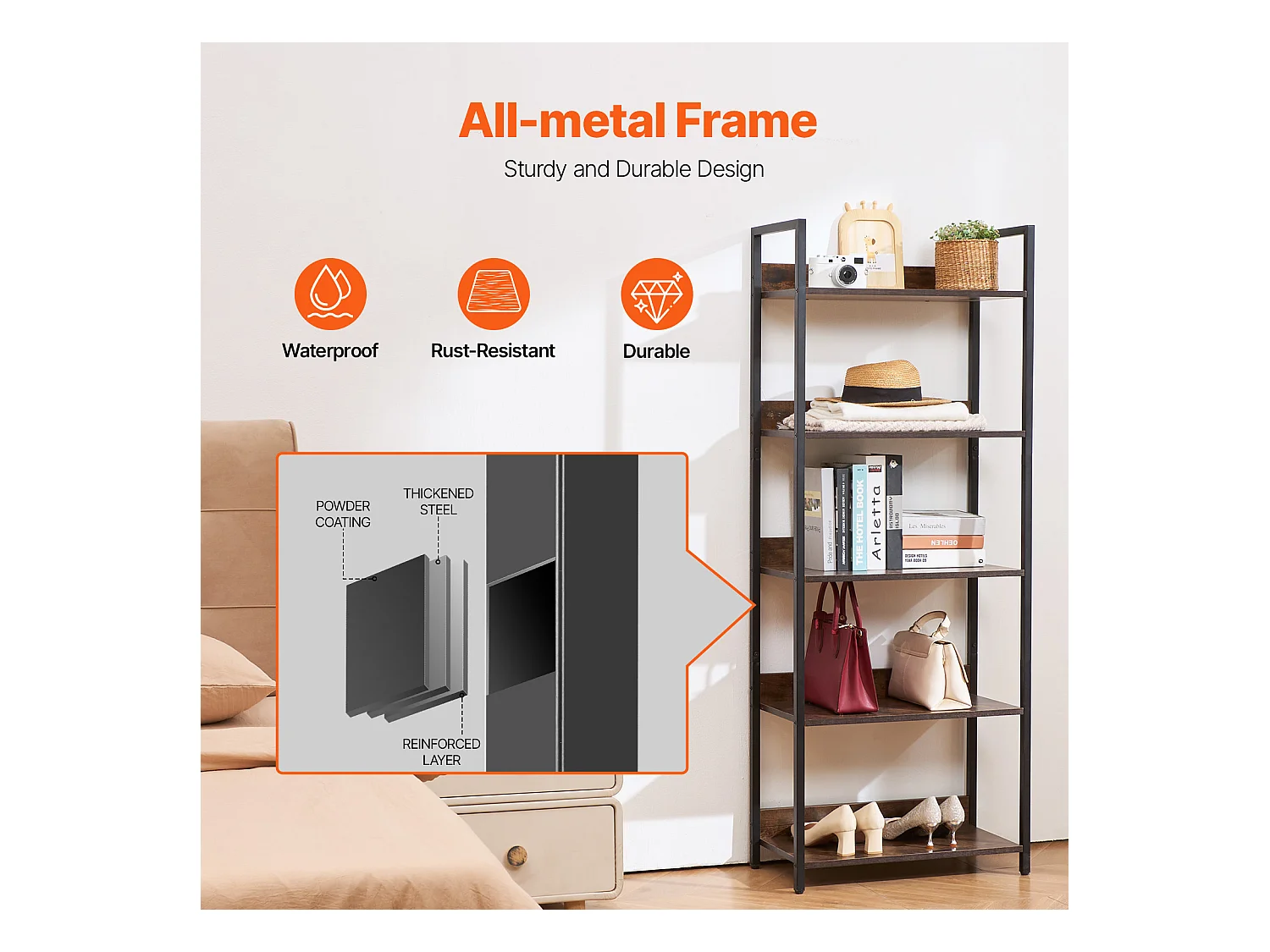 Bücherregal aus Metall SucceBuy, Offenes Bücherregal mit 5 Ebenen für Wohnzimmer, Schlafzimmer und Büro