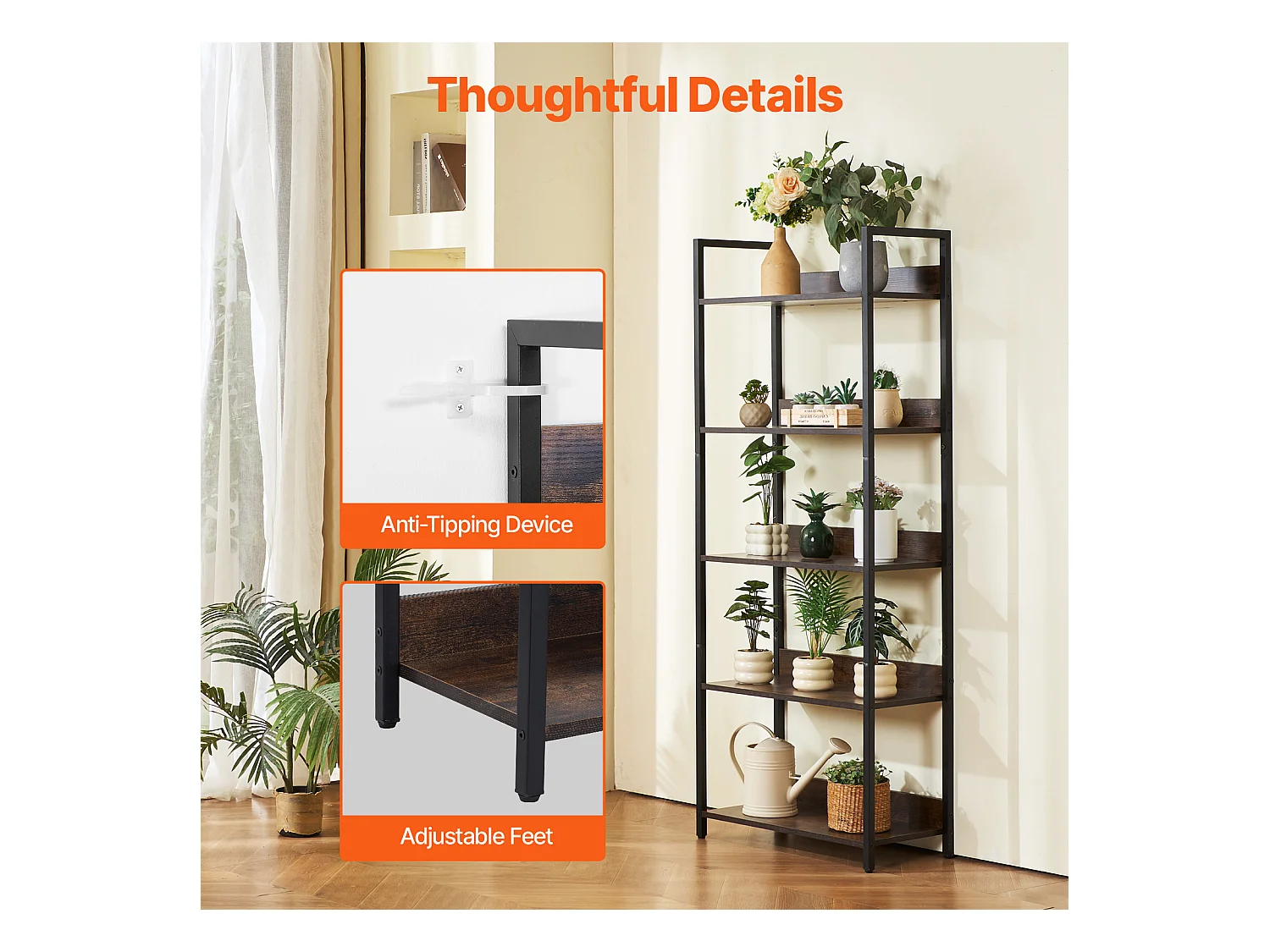 Bücherregal aus Metall SucceBuy, Offenes Bücherregal mit 5 Ebenen für Wohnzimmer, Schlafzimmer und Büro