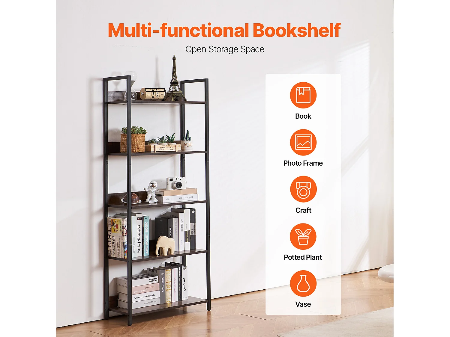 Libreria in Metallo Libreria Aperta SucceBuy a 5 Ripiani per Soggiorno, Camera da Letto e Ufficio