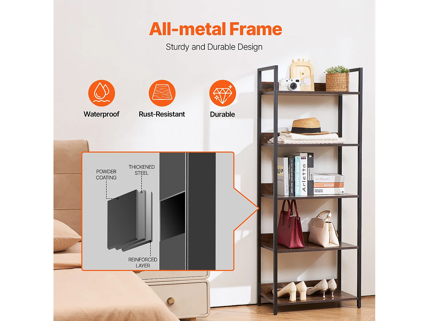 Libreria in Metallo Libreria Aperta SucceBuy a 5 Ripiani per Soggiorno, Camera da Letto e Ufficio