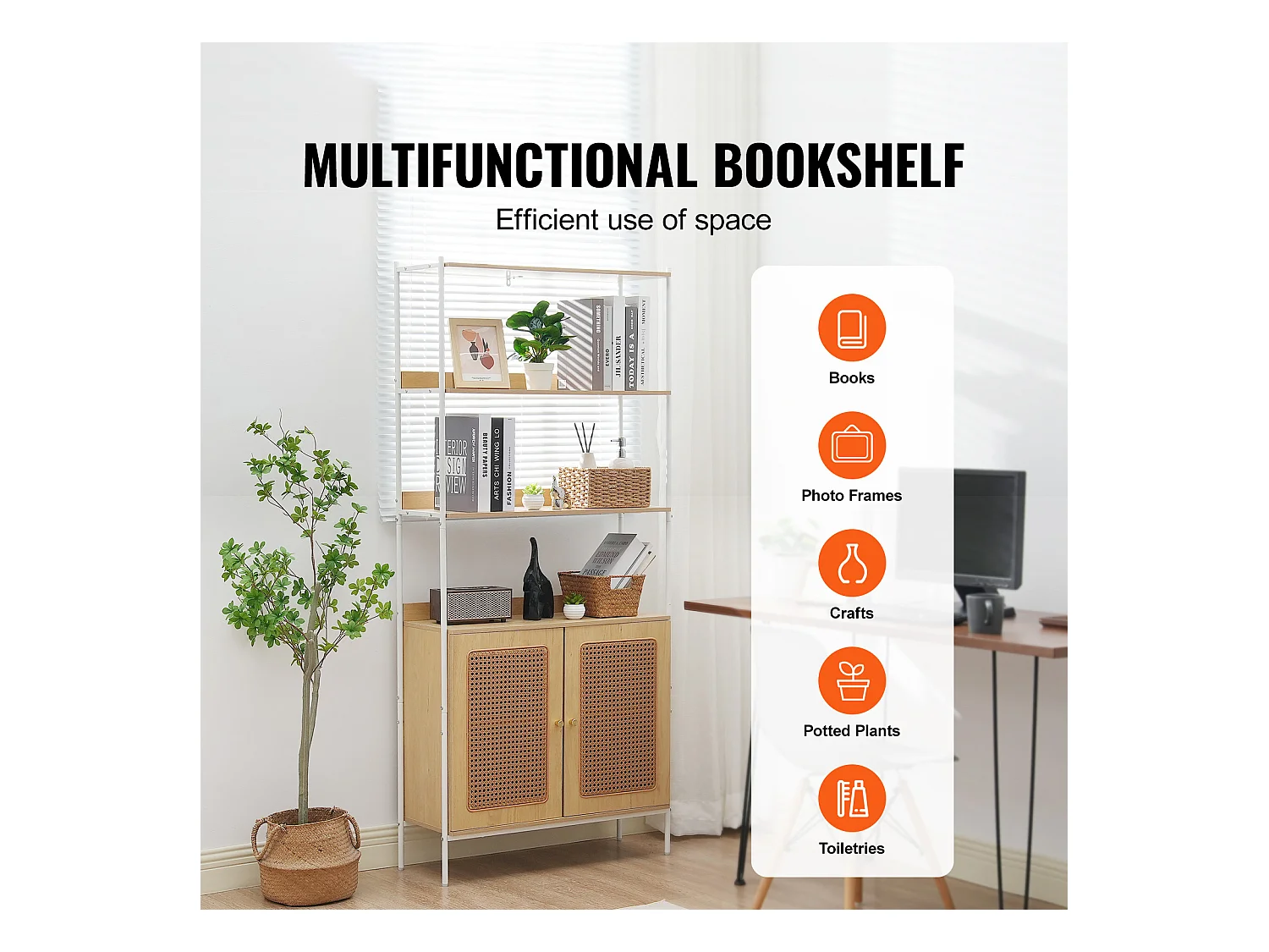 Libreria In Rattan SucceBuy, Scaffale A Scala Con 2 Ante, Scaffale Portaoggetti, Colore Naturale