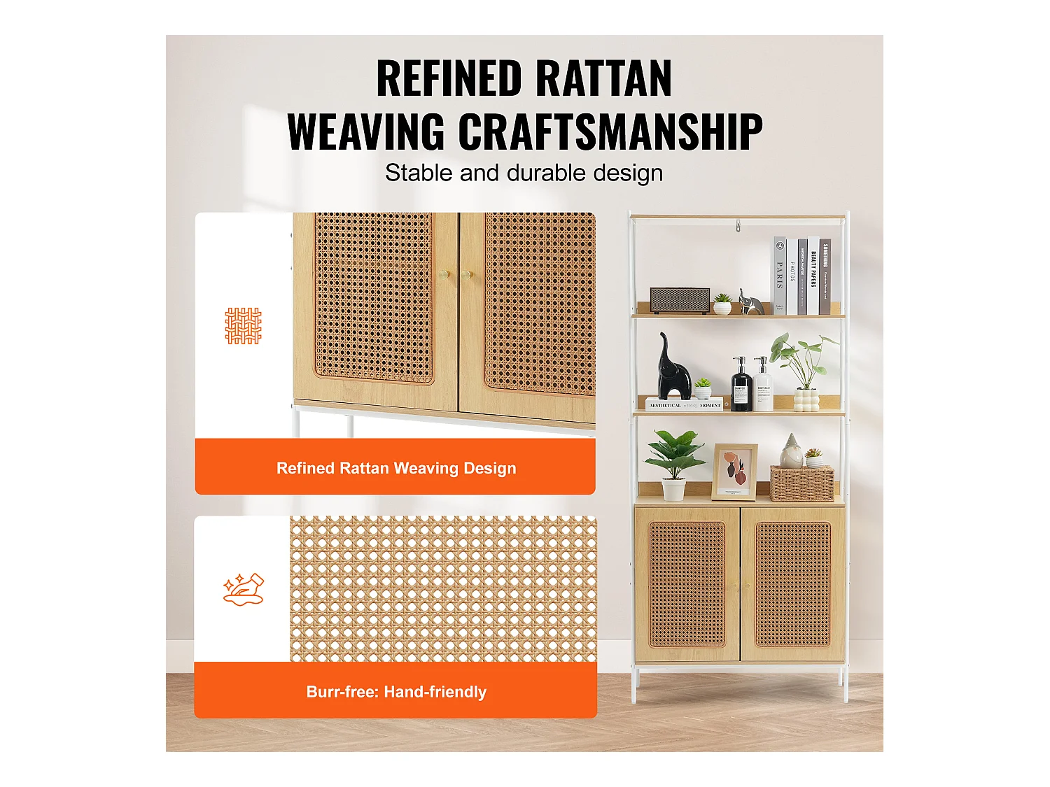 Libreria In Rattan SucceBuy, Scaffale A Scala Con 2 Ante, Scaffale Portaoggetti, Colore Naturale