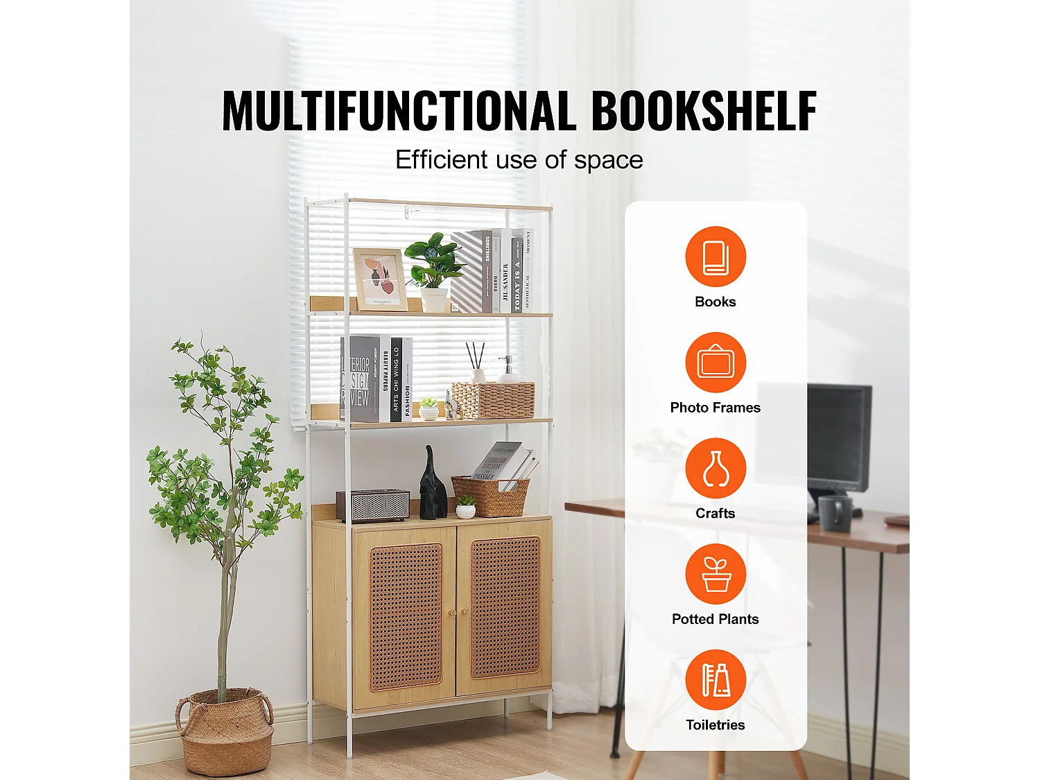 Bibliothèque en Rotin SucceBuy, Étagère à Échelle à 2 Portes, Étagère de Rangement, Couleur Naturelle