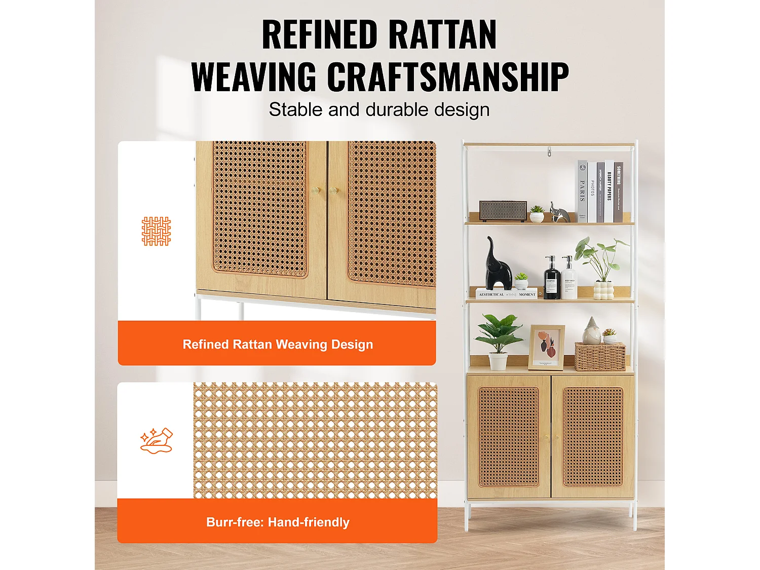 Bibliothèque en Rotin SucceBuy, Étagère à Échelle à 2 Portes, Étagère de Rangement, Couleur Naturelle